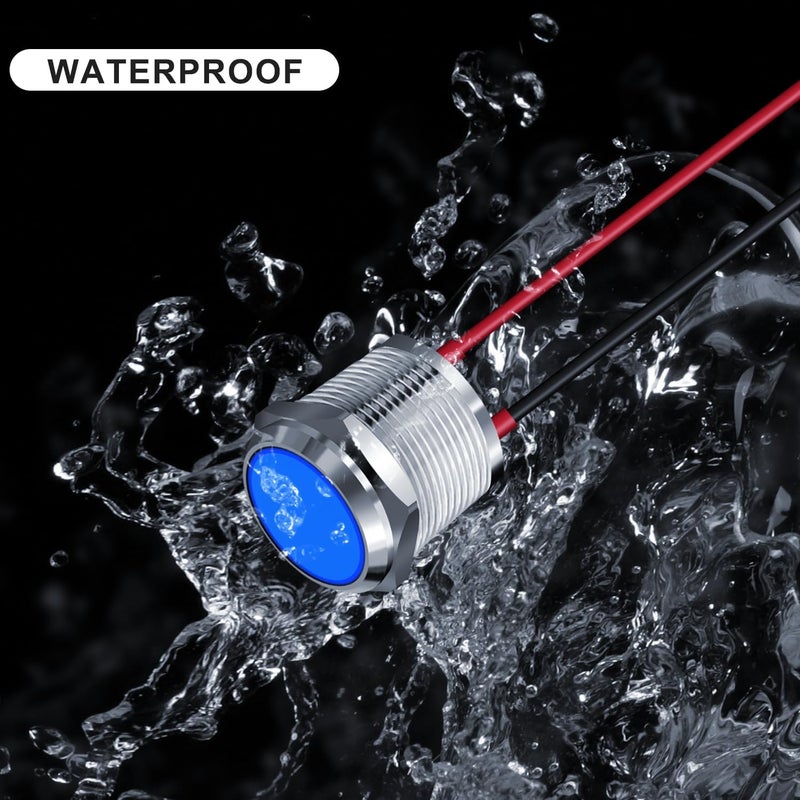 FICOLPO 10 قطع ضوء مؤشر معدني LED مقاوم للماء، 12-24 فولت، ثقب تركيب بقطر 0.63 بوصة، ضوء إشارة طيار موصل مسبقًا للسيارات والشاحنات والقوارب والبحرية والعدادات والكهرباء الصناعية (أزرق، 16 مم) - Image 2